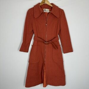 Vintage Wallis Fashion Shop Wool Burnt Orange Long Over Coat Belted Midi Womens